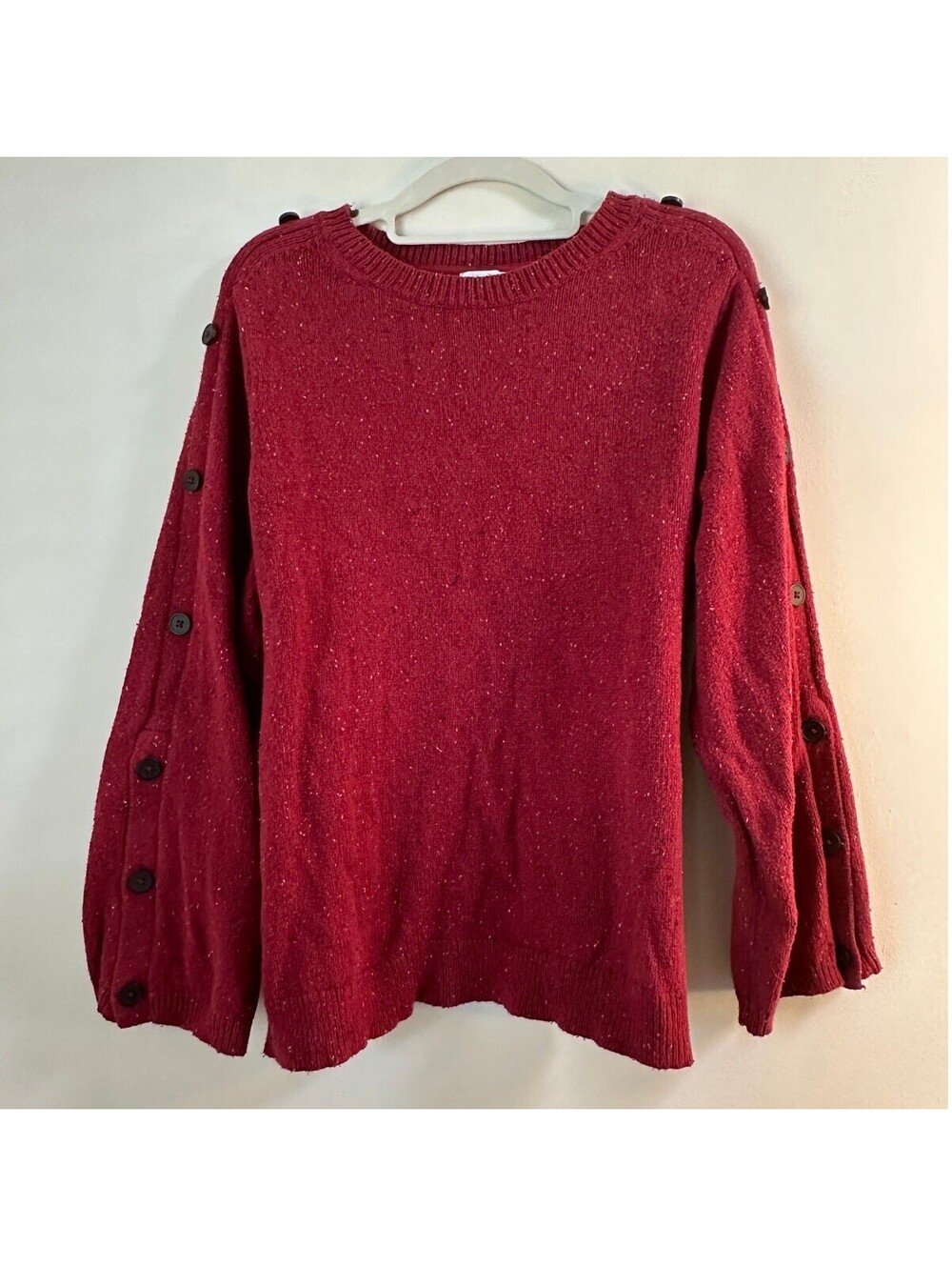 J Jill Womens XL Red Speckled Cotton Sweater Button Sleeve Crew Neck Pullover